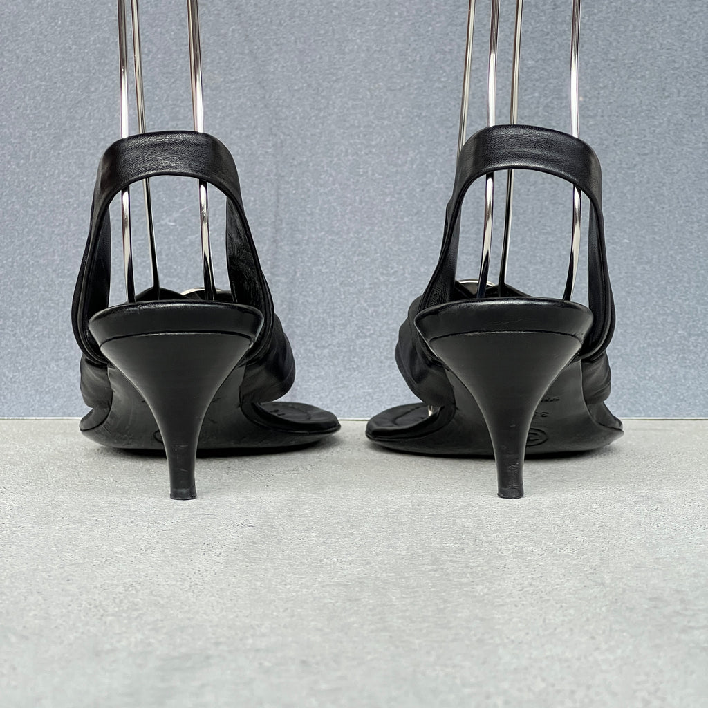Chanel | Black Leather Silver Logo Hardware Thong Slingback Sandal Heels (35)