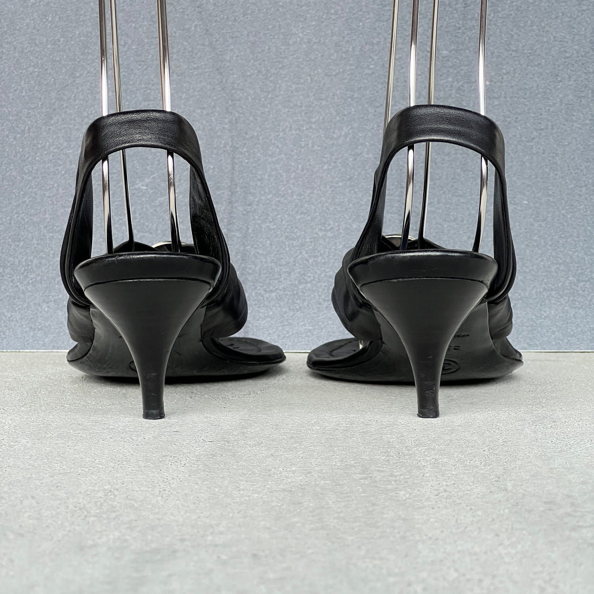 Chanel | Black Leather Silver Logo Hardware Thong Slingback Sandal Heels (35)