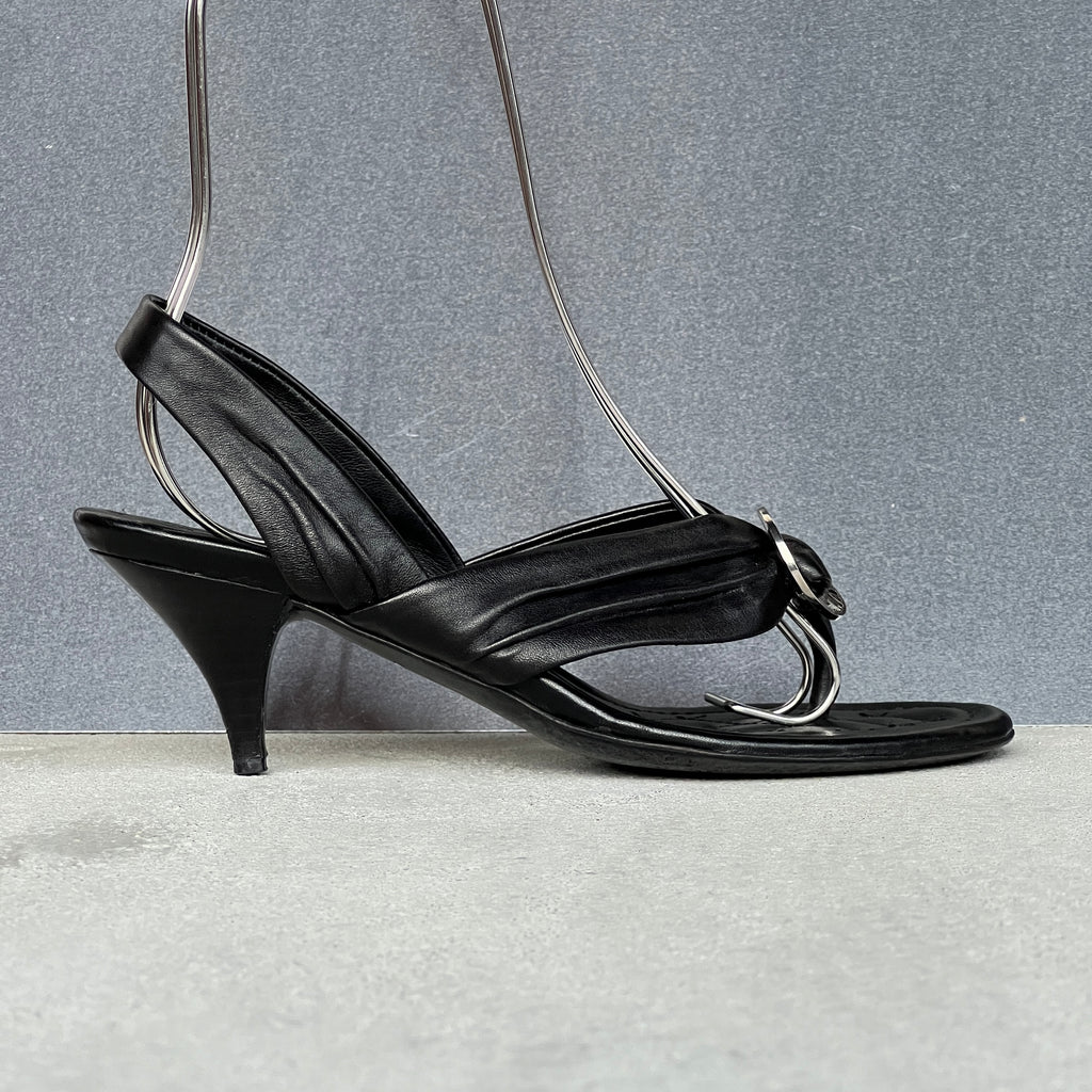 Chanel | Black Leather Silver Logo Hardware Thong Slingback Sandal Heels (35)