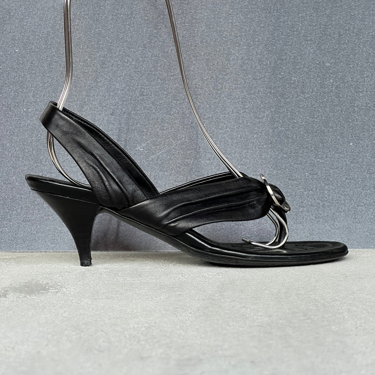 Chanel | Black Leather Silver Logo Hardware Thong Slingback Sandal Heels (35)
