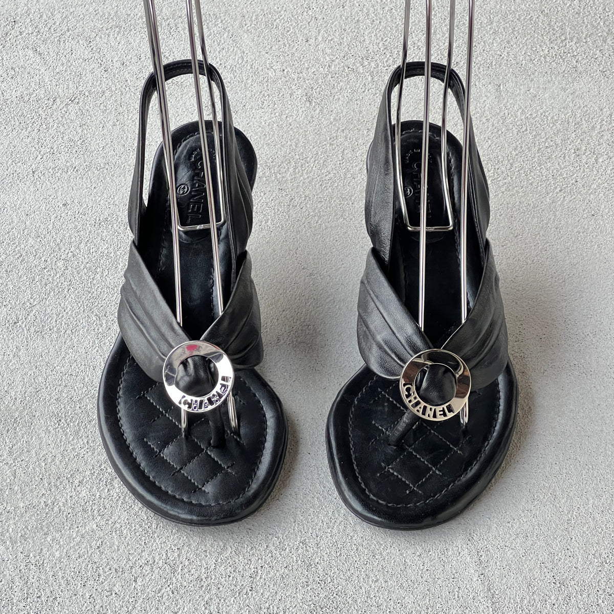 Chanel | Black Leather Silver Logo Hardware Thong Slingback Sandal Heels (35)