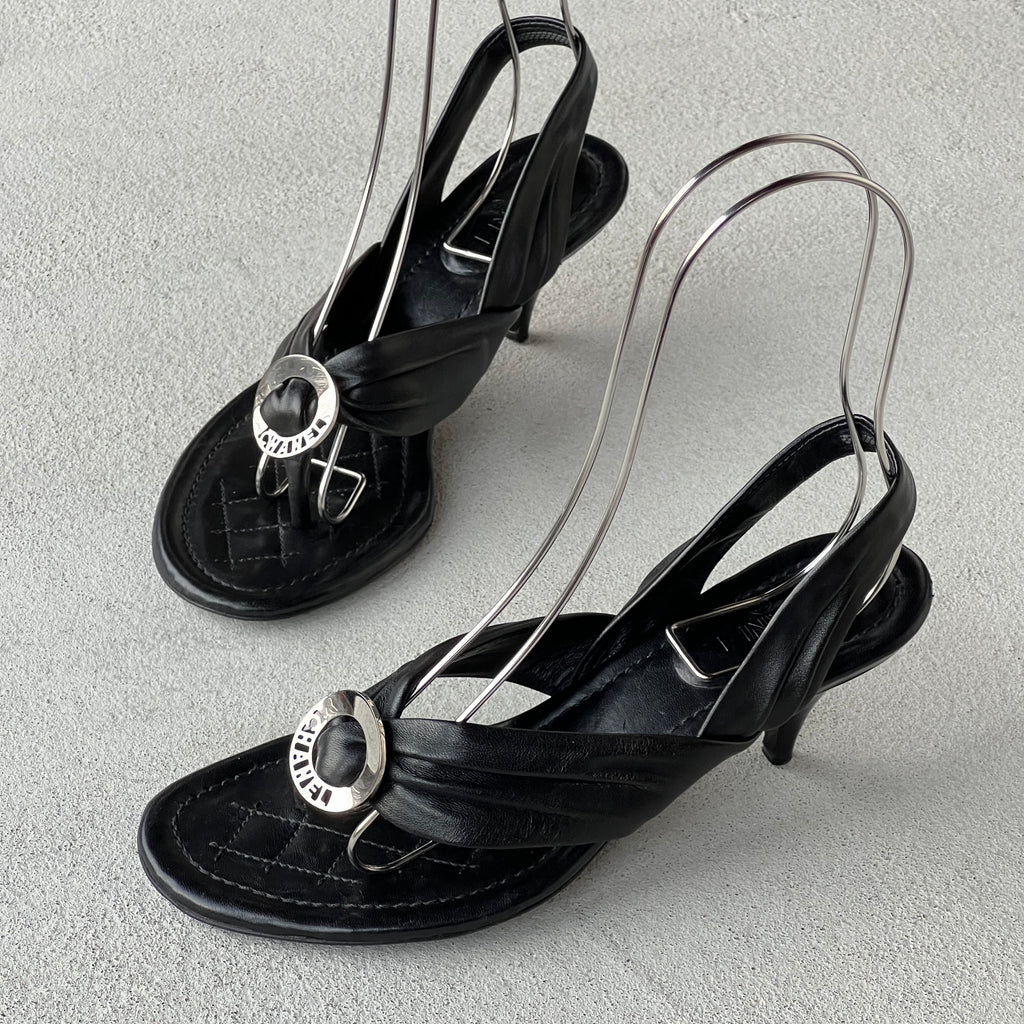 Chanel | Black Leather Silver Logo Hardware Thong Slingback Sandal Heels (35)