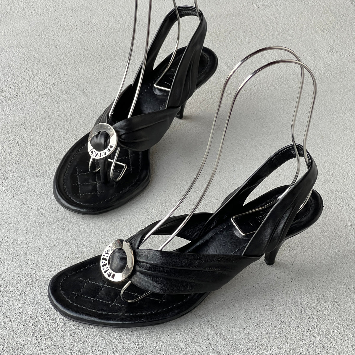 Chanel | Black Leather Silver Logo Hardware Thong Slingback Sandal Heels (35)