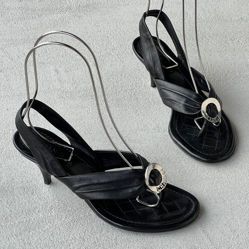 Chanel | Black Leather Silver Logo Hardware Thong Slingback Sandal Heels (35)