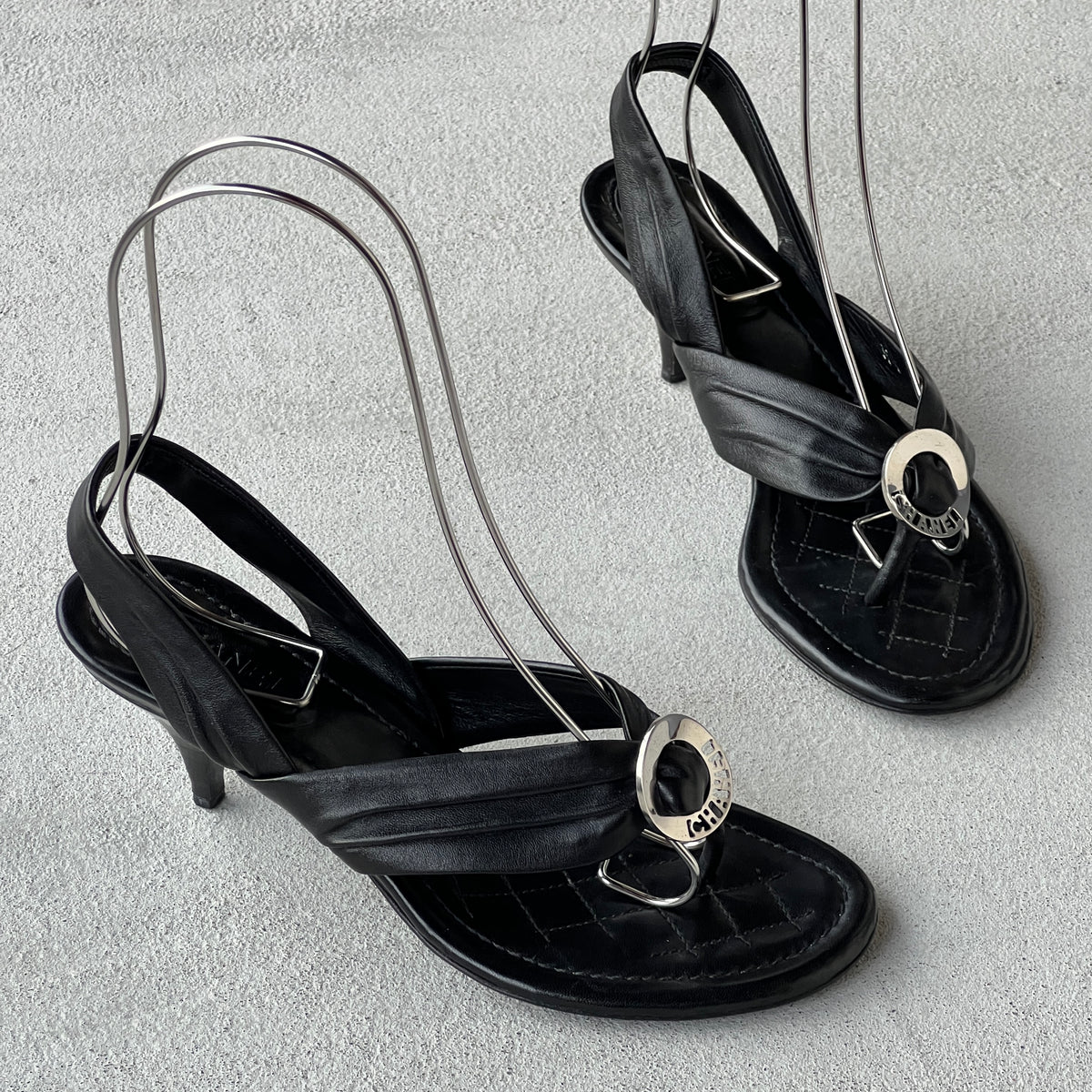 Chanel | Black Leather Silver Logo Hardware Thong Slingback Sandal Heels (35)