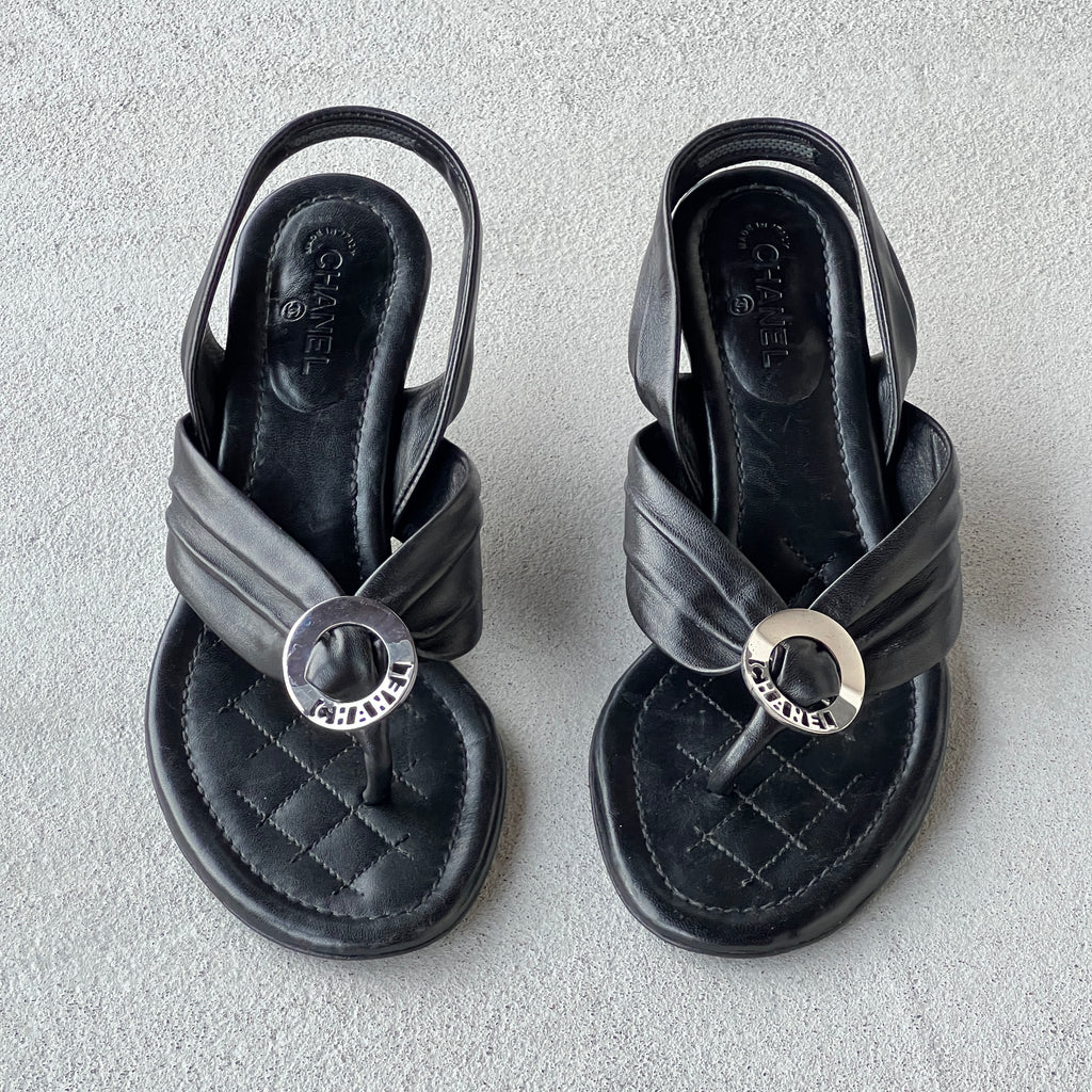 Chanel | Black Leather Silver Logo Hardware Thong Slingback Sandal Heels (35)