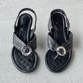 Chanel | Black Leather Silver Logo Hardware Thong Slingback Sandal Heels (35)