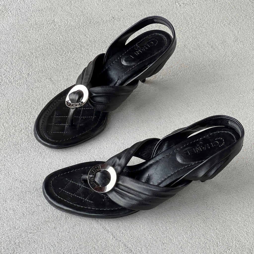 Chanel | Black Leather Silver Logo Hardware Thong Slingback Sandal Heels (35)