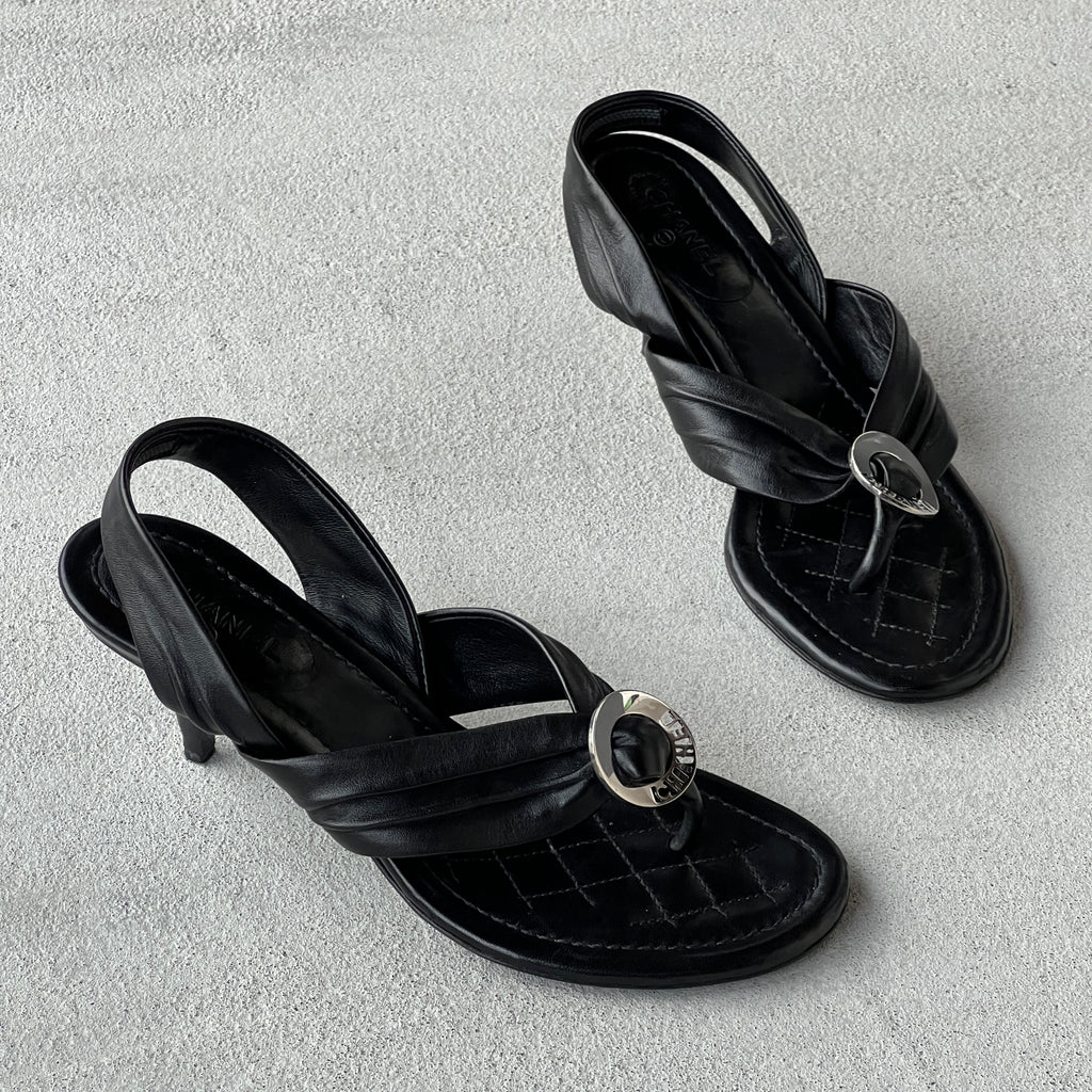 Chanel | Black Leather Silver Logo Hardware Thong Slingback Sandal Heels (35)