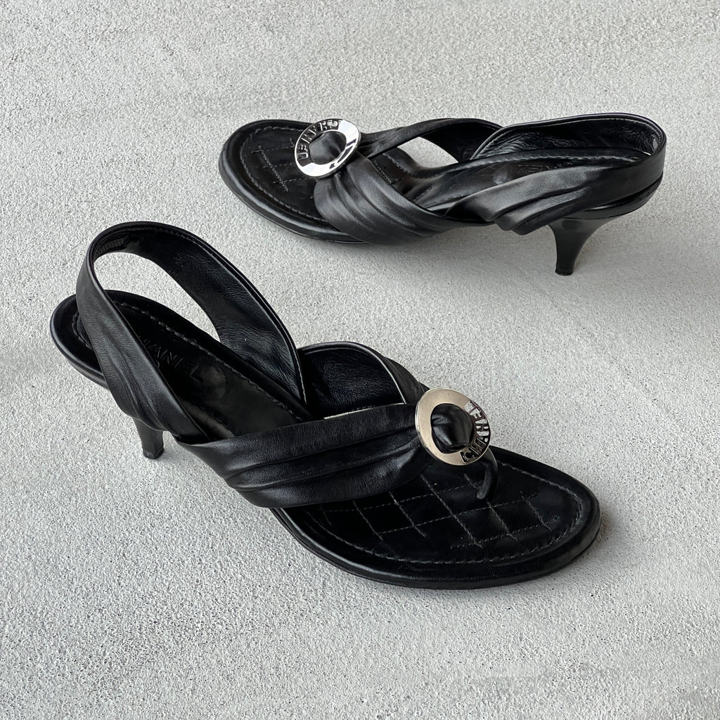Chanel | Black Leather Silver Logo Hardware Thong Slingback Sandal Heels (35)