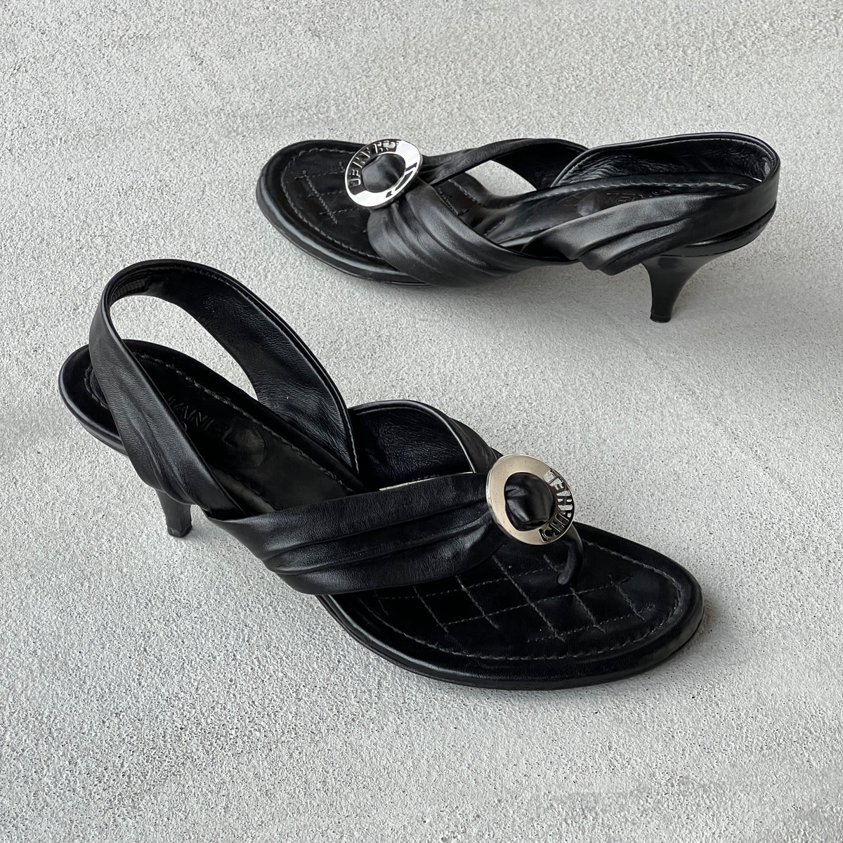 Chanel | Black Leather Silver Logo Hardware Thong Slingback Sandal Heels (35)