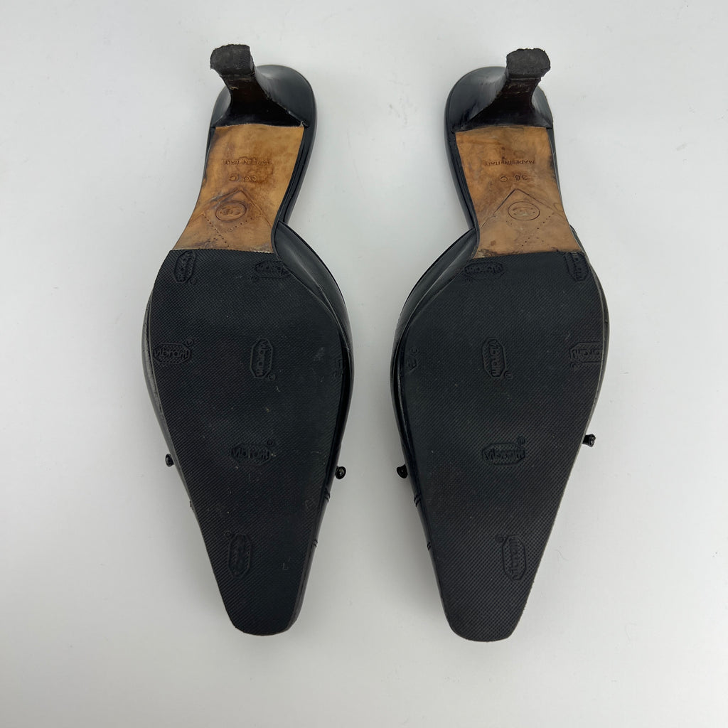 Chanel | Vintage Black Leather CC Logo Ribbon Bow Pointed Toe Kitten Mules (36)