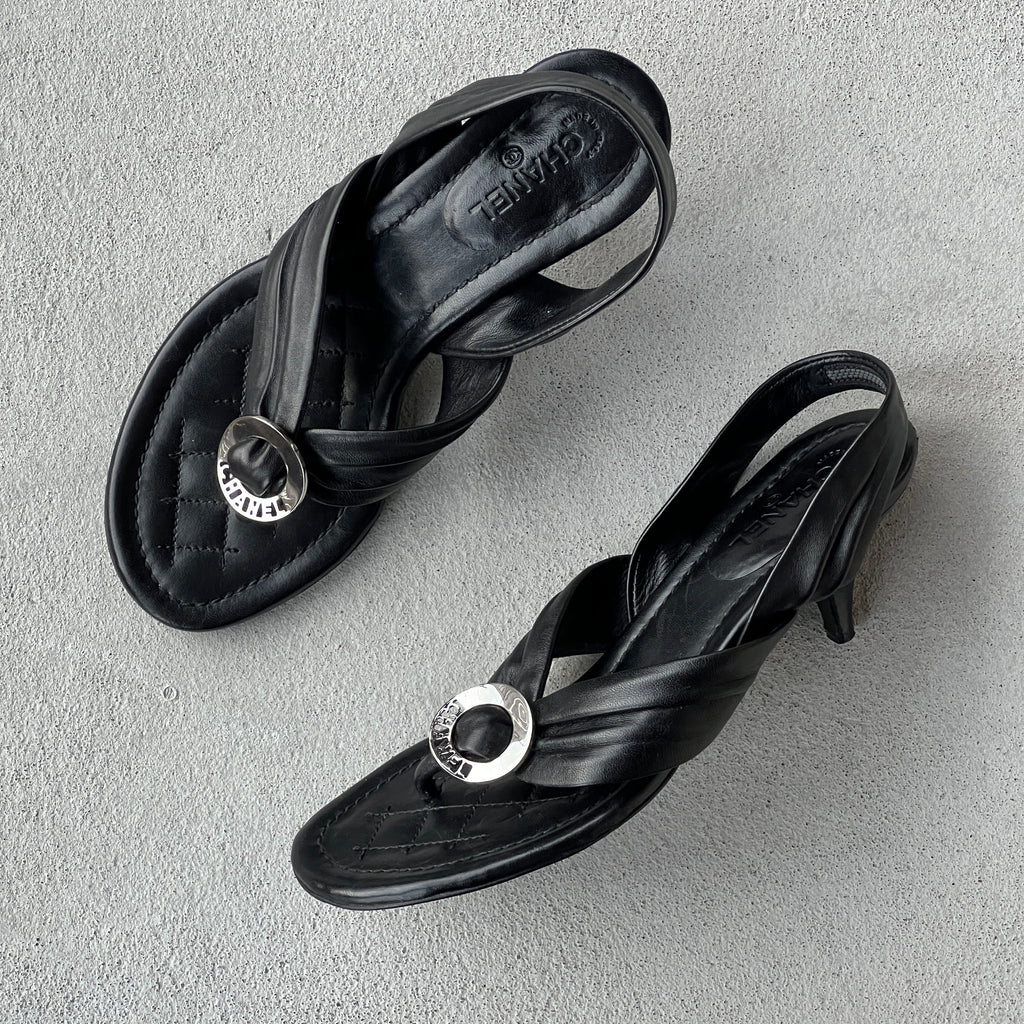 Chanel | Black Leather Silver Logo Hardware Thong Slingback Sandal Heels (35)