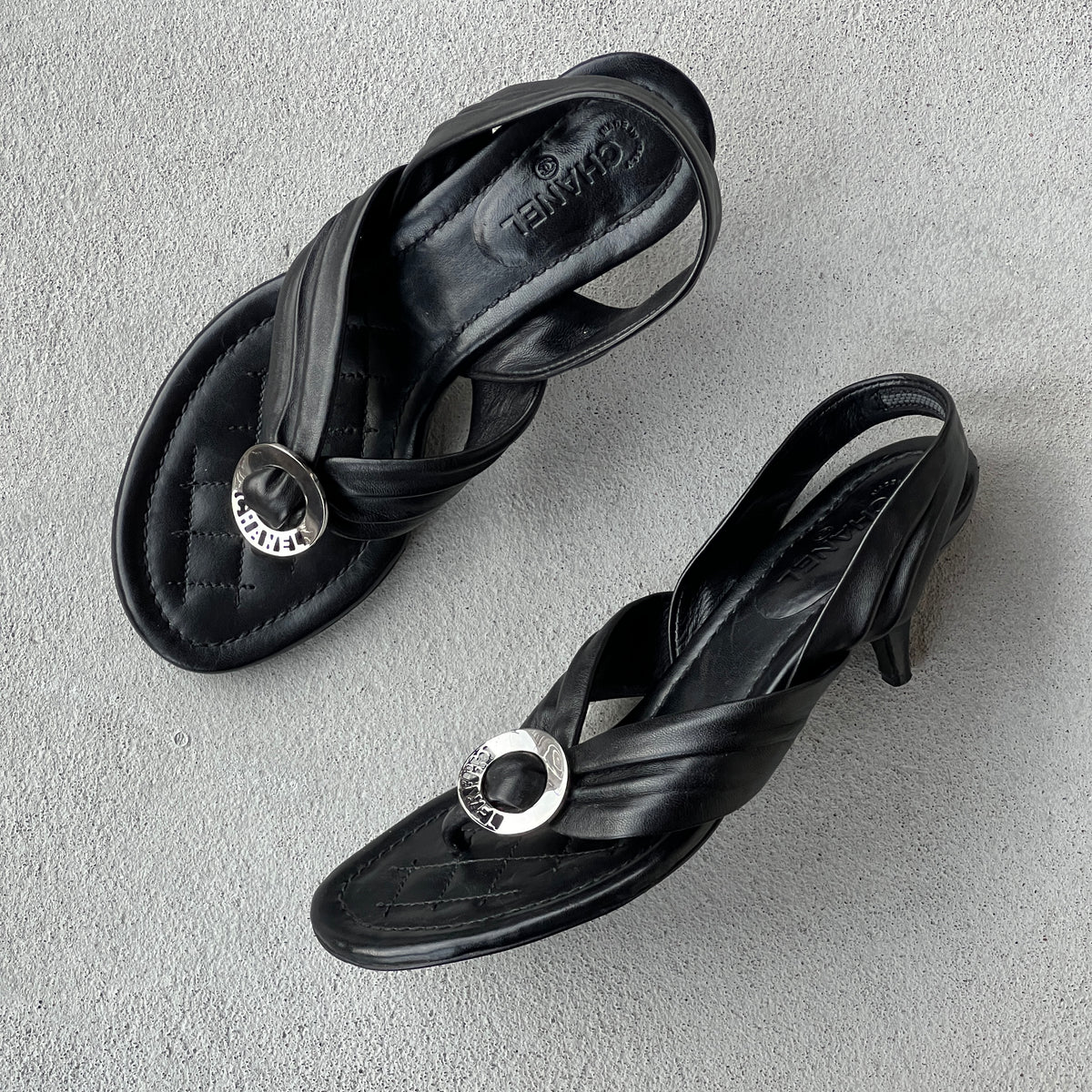 Chanel | Black Leather Silver Logo Hardware Thong Slingback Sandal Heels (35)