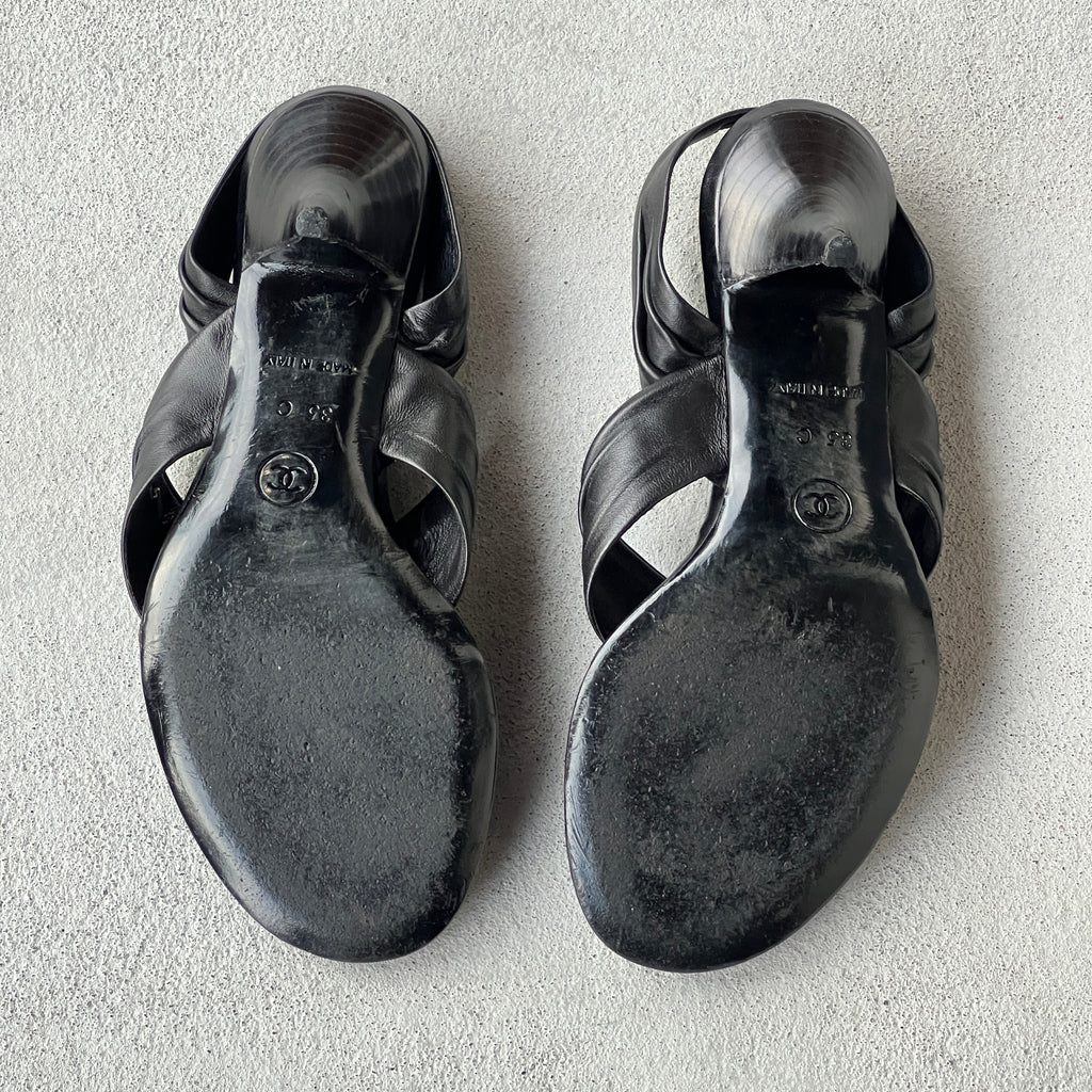 Chanel | Black Leather Silver Logo Hardware Thong Slingback Sandal Heels (35)