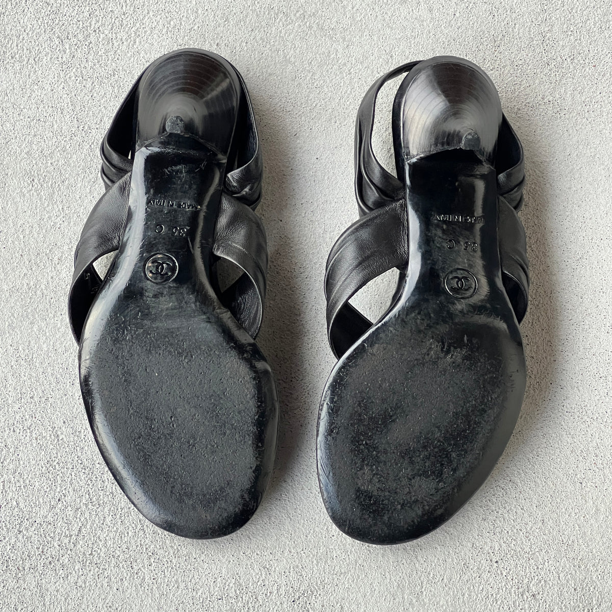 Chanel | Black Leather Silver Logo Hardware Thong Slingback Sandal Heels (35)
