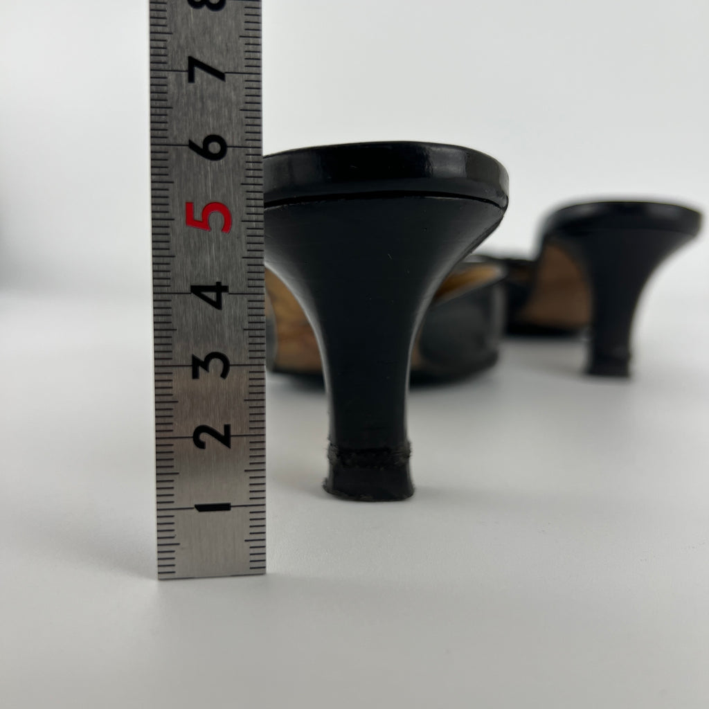 Chanel | Vintage Black Leather CC Logo Ribbon Bow Pointed Toe Kitten Mules (36)