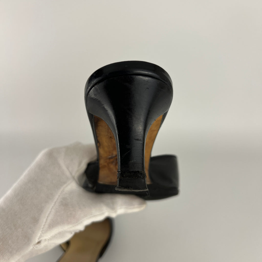 Chanel | Vintage Black Leather CC Logo Ribbon Bow Pointed Toe Kitten Mules (36)