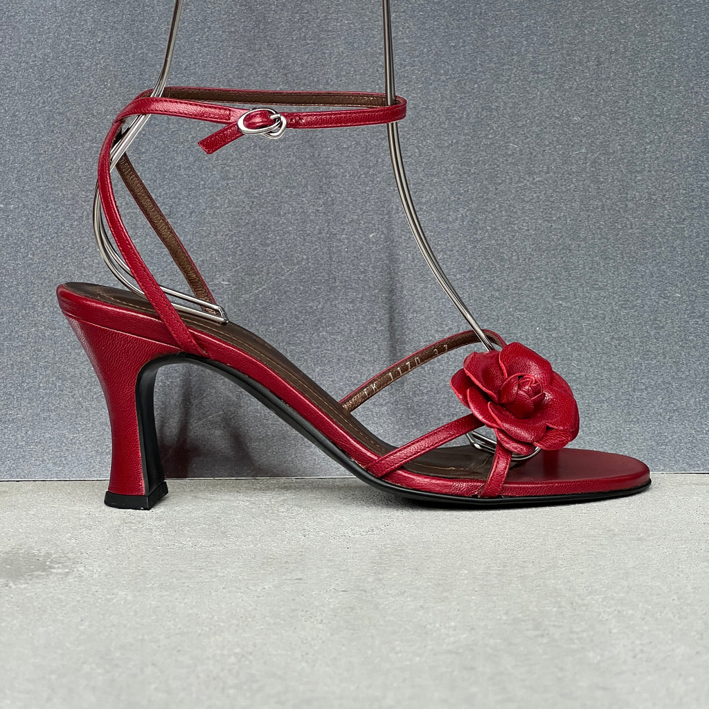 Charles Kammer | Red Flower Applique Strappy Leather Sandal Heels (37)