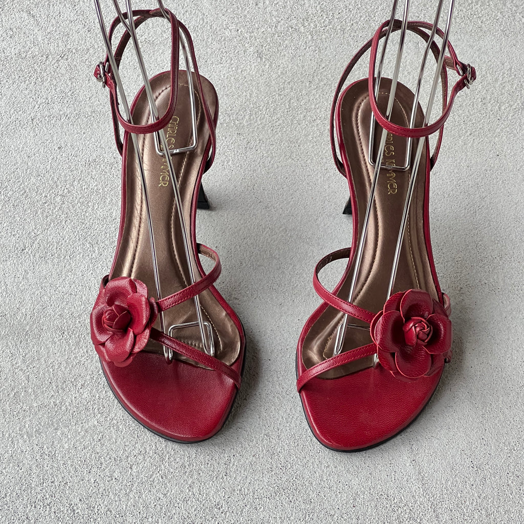 Charles Kammer | Red Flower Applique Strappy Leather Sandal Heels (37)