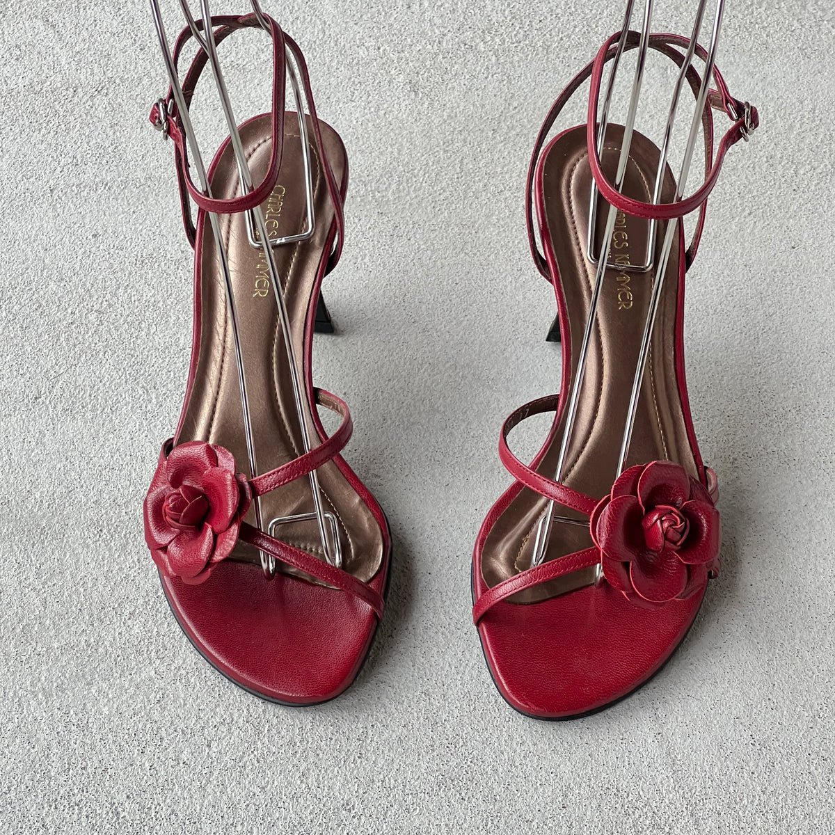 Charles Kammer | Red Flower Applique Strappy Leather Sandal Heels (37)