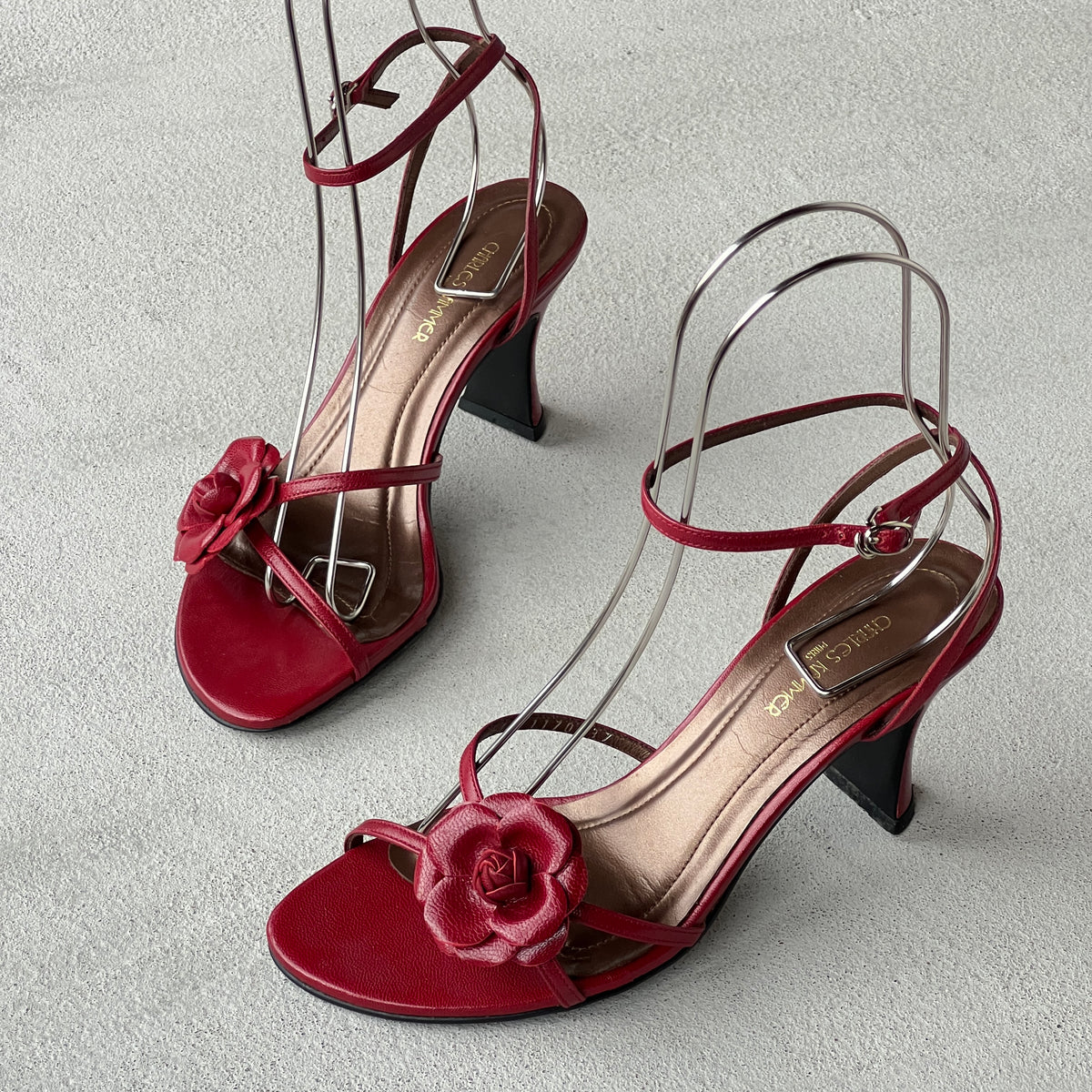 Charles Kammer | Red Flower Applique Strappy Leather Sandal Heels (37)