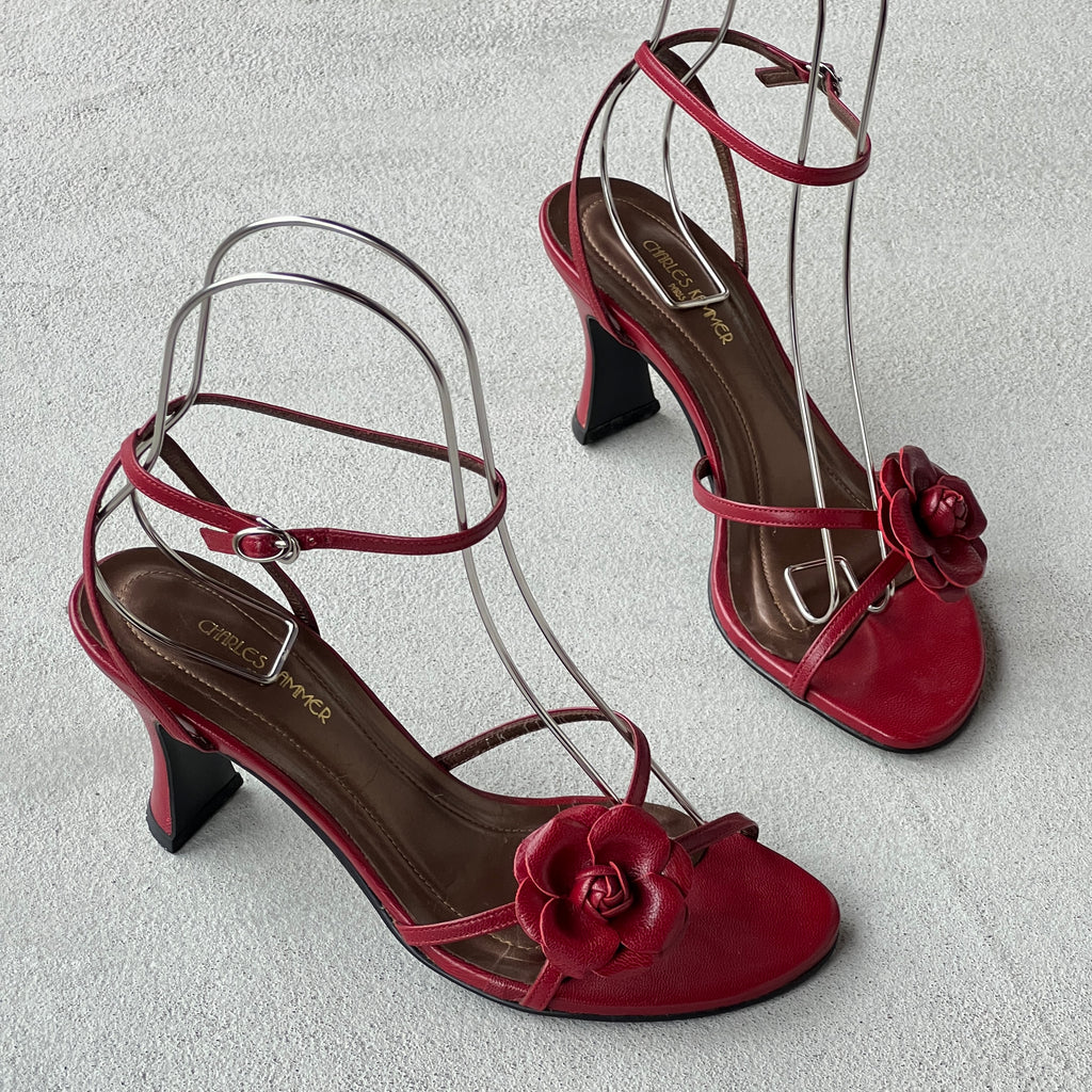 Charles Kammer | Red Flower Applique Strappy Leather Sandal Heels (37)