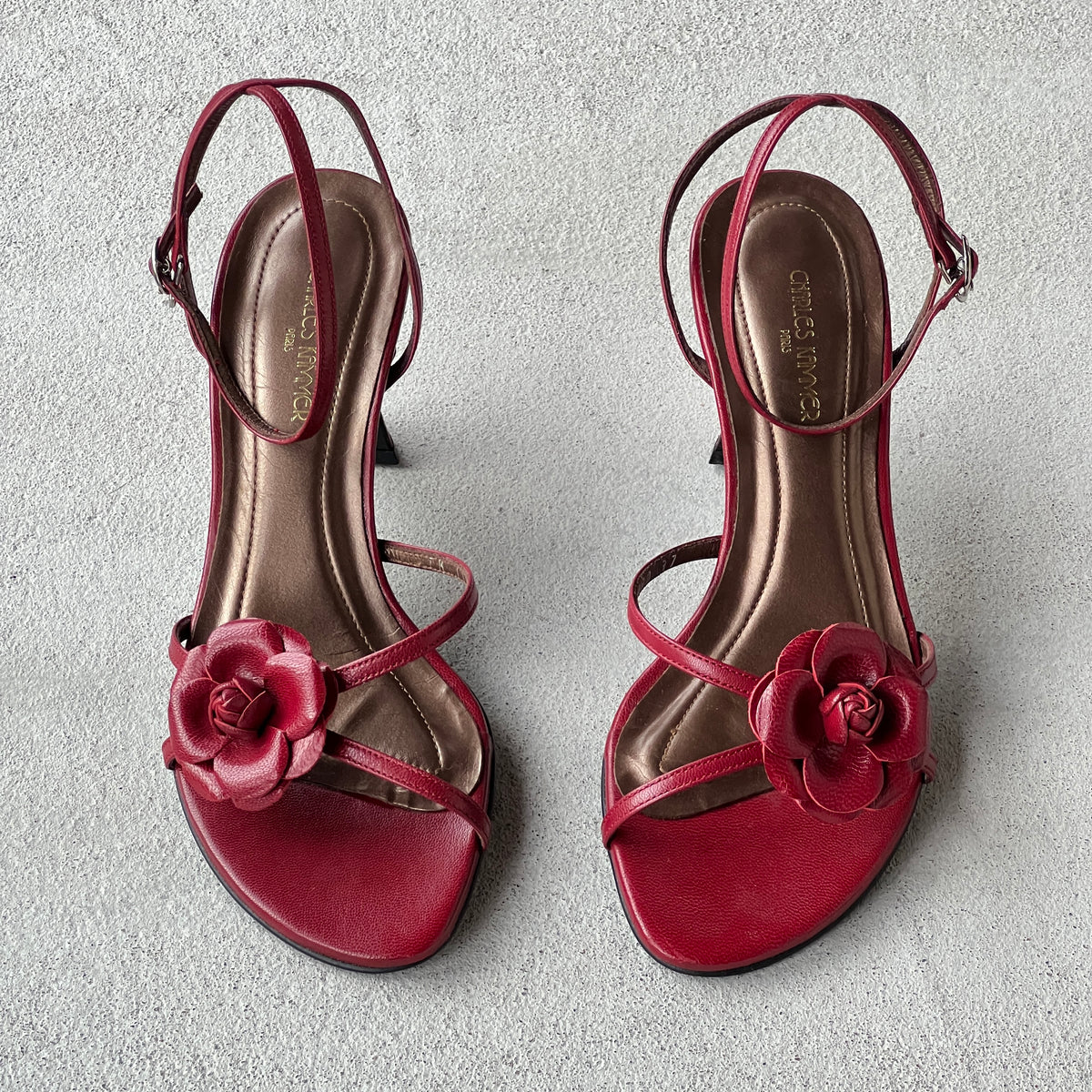 Charles Kammer | Red Flower Applique Strappy Leather Sandal Heels (37)
