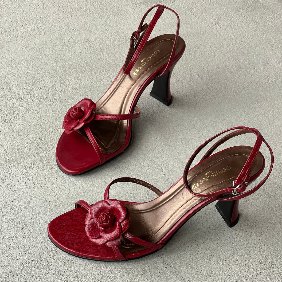 Charles Kammer | Red Flower Applique Strappy Leather Sandal Heels (37)