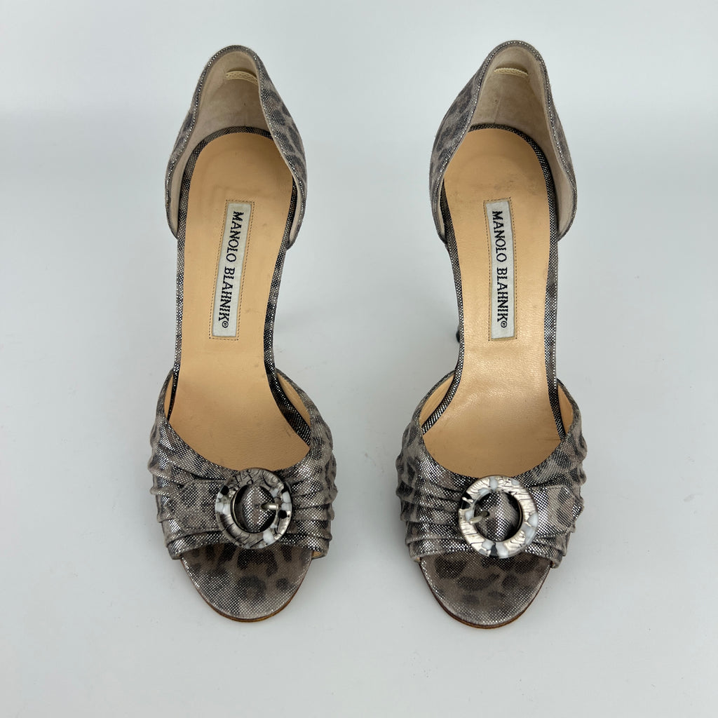 Manolo Blahnik | Vintage Metallic Silver Leopard Print Buckle D'Orsay (34.5)