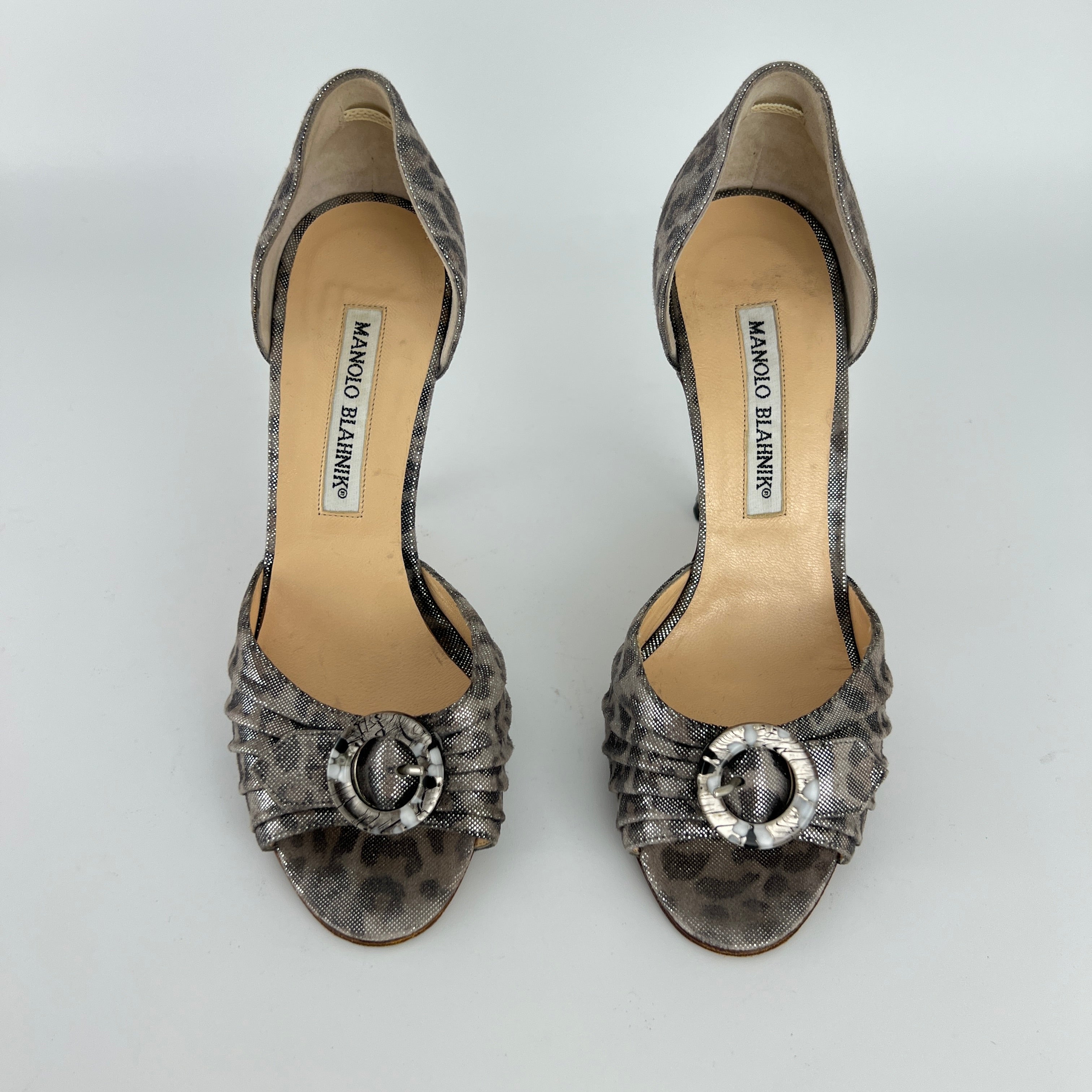 Manolo Blahnik | Vintage Metallic Silver Leopard Print Buckle D'Orsay (34.5)