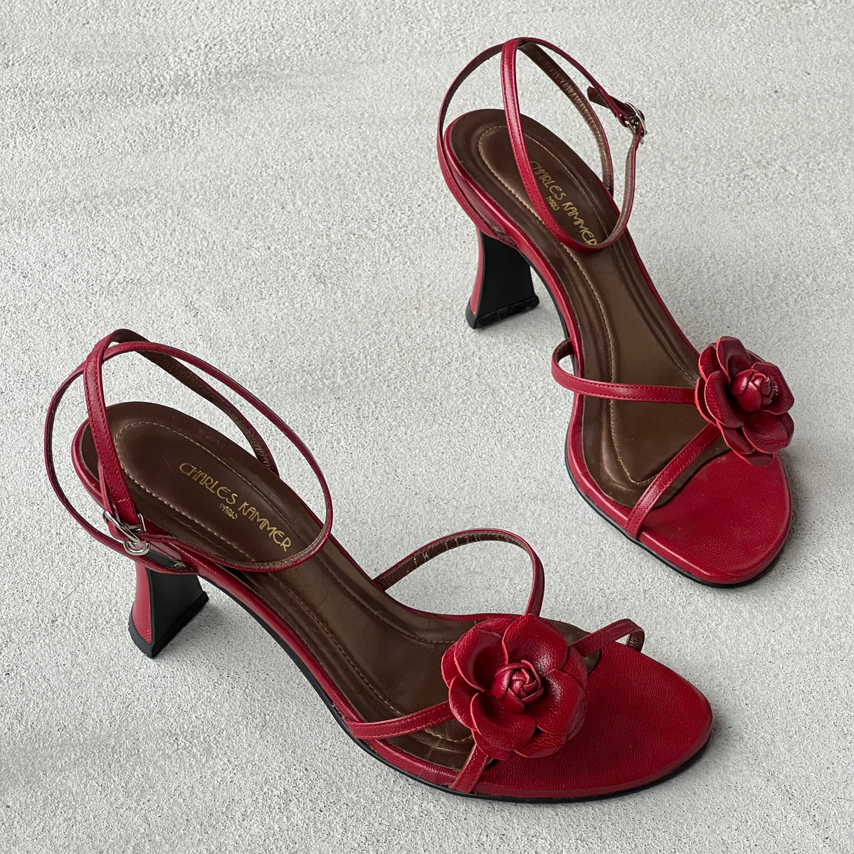 Charles Kammer | Red Flower Applique Strappy Leather Sandal Heels (37)