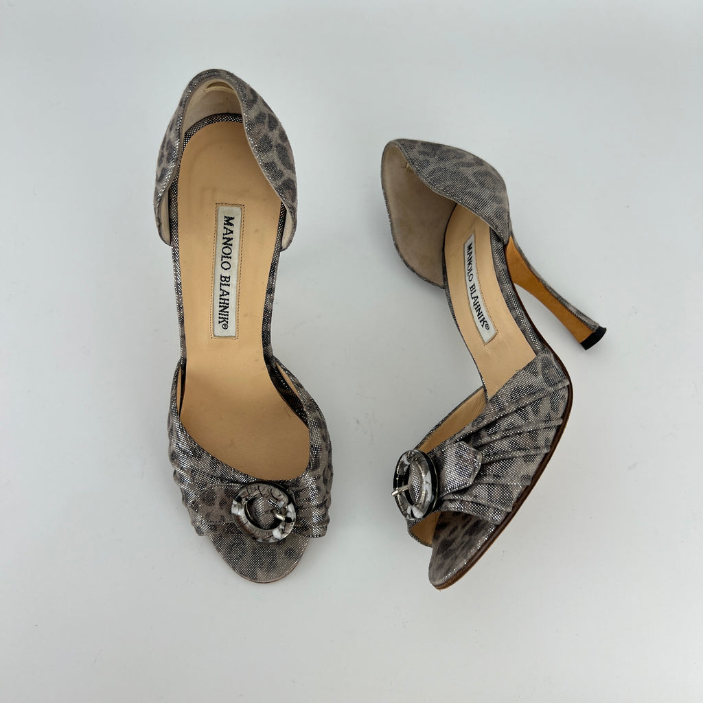 Manolo Blahnik | Vintage Metallic Silver Leopard Print Buckle D'Orsay (34.5)