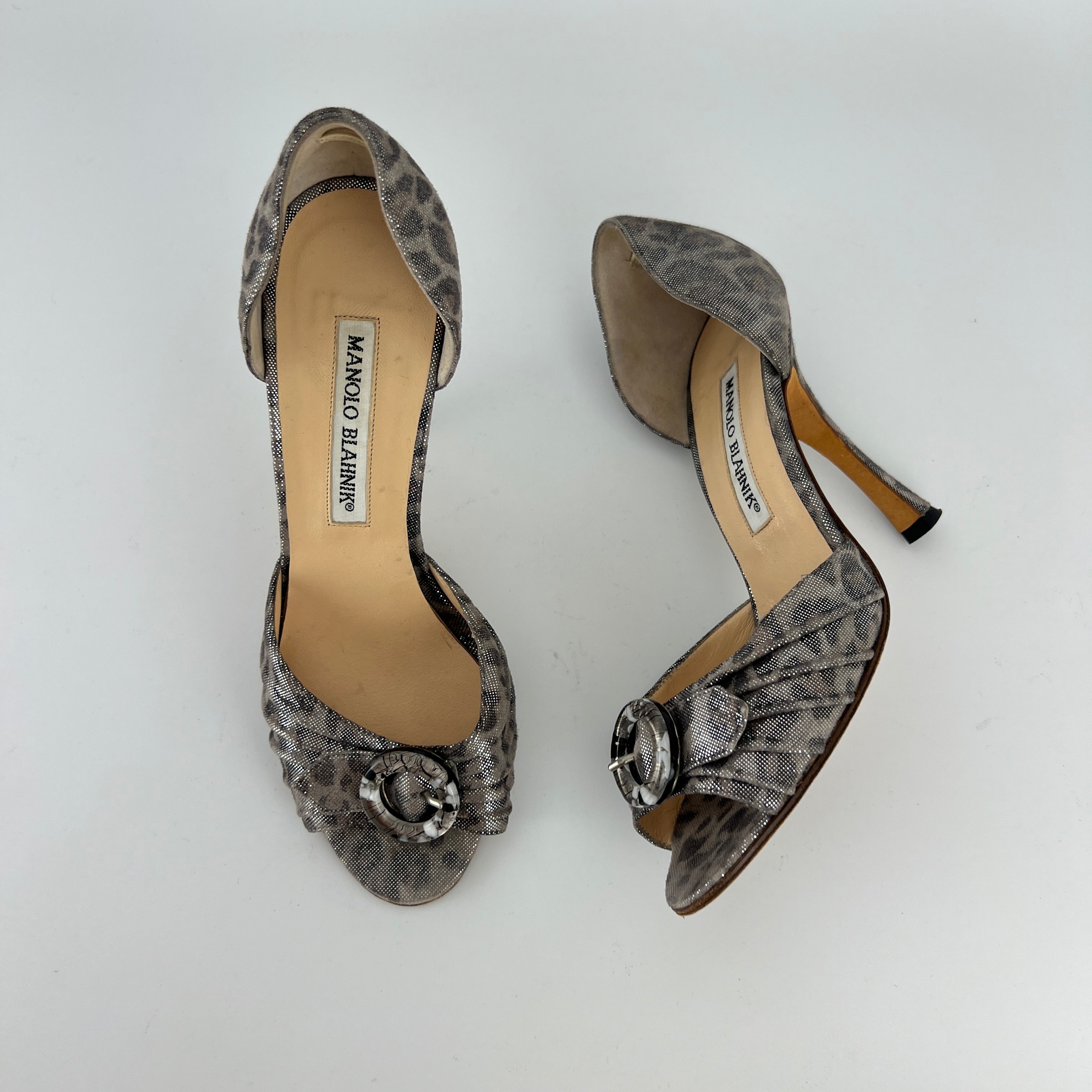 Manolo Blahnik | Vintage Metallic Silver Leopard Print Buckle D'Orsay (34.5)