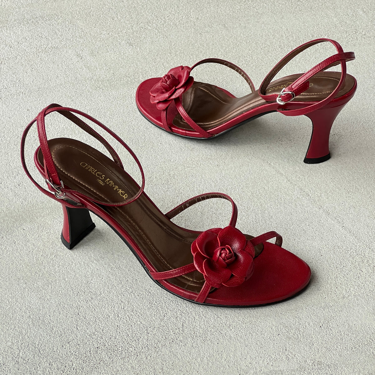Charles Kammer | Red Flower Applique Strappy Leather Sandal Heels (37)