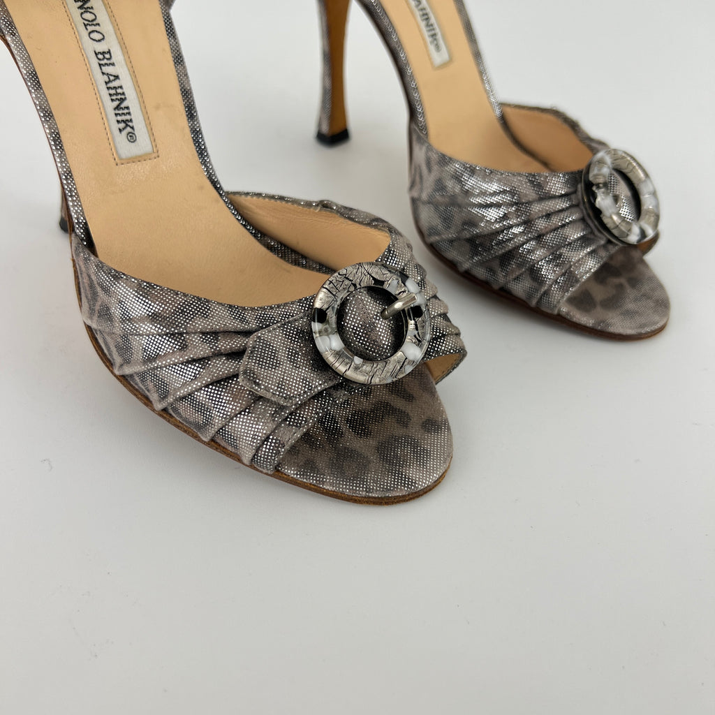 Manolo Blahnik | Vintage Metallic Silver Leopard Print Buckle D'Orsay (34.5)