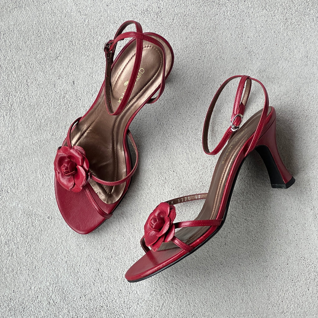 Charles Kammer | Red Flower Applique Strappy Leather Sandal Heels (37)