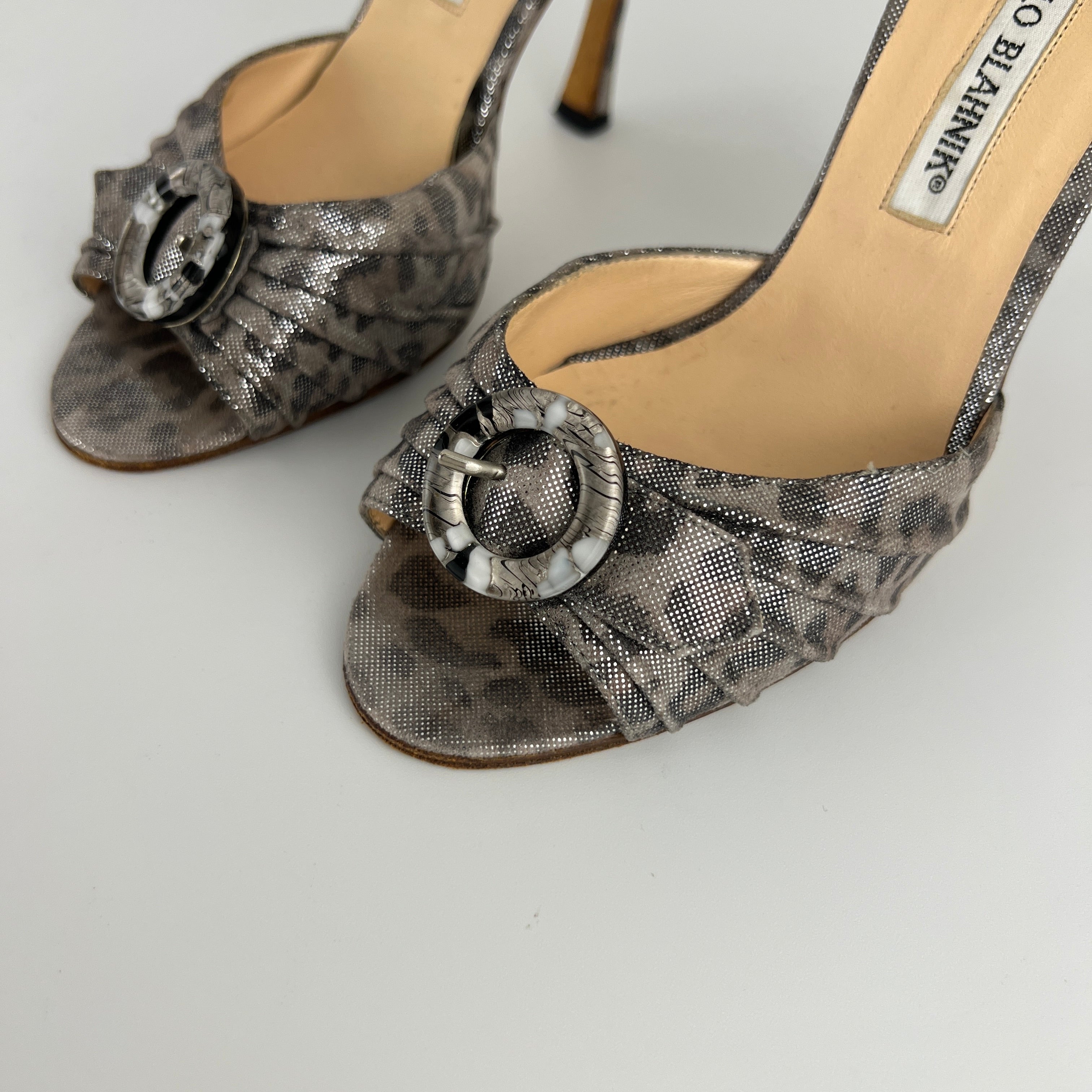 Manolo Blahnik | Vintage Metallic Silver Leopard Print Buckle D'Orsay (34.5)
