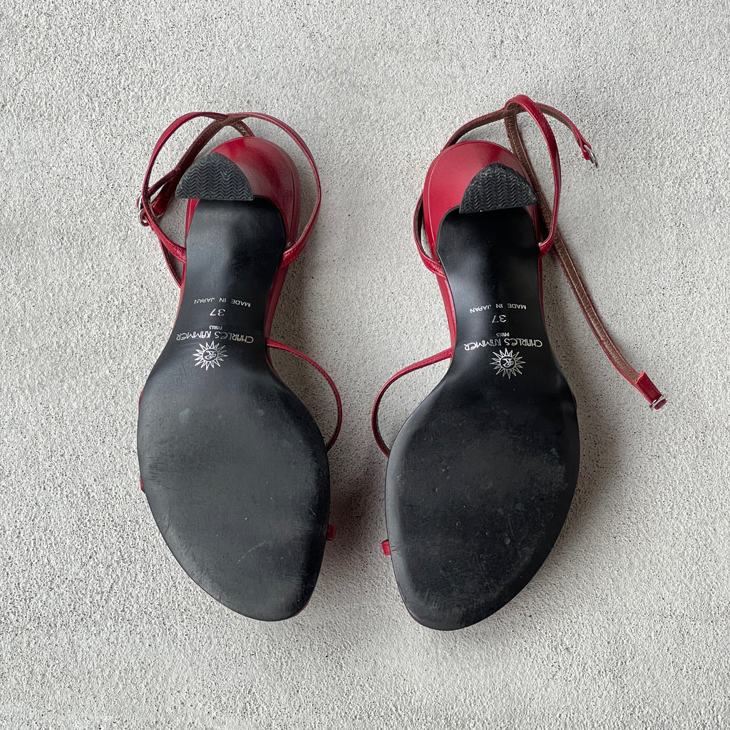 Charles Kammer | Red Flower Applique Strappy Leather Sandal Heels (37)