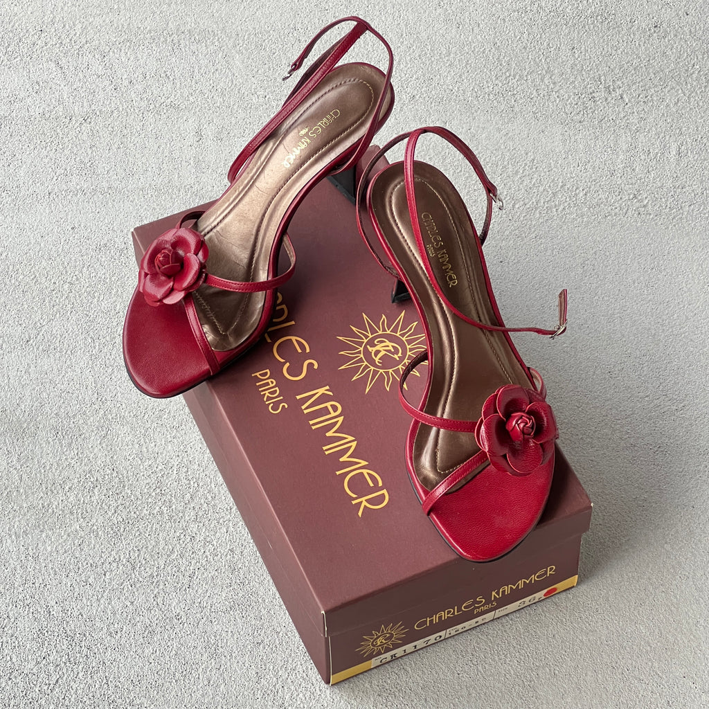 Charles Kammer | Red Flower Applique Strappy Leather Sandal Heels (37)