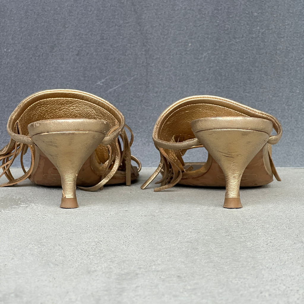 Prada | Vintage 2000s Metallic Gold Leather Fringe Strappy Slide Mules (38.5)