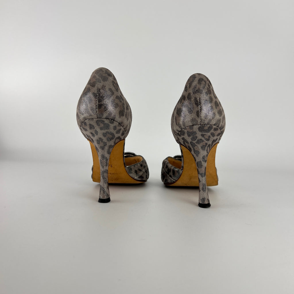 Manolo Blahnik | Vintage Metallic Silver Leopard Print Buckle D'Orsay (34.5)