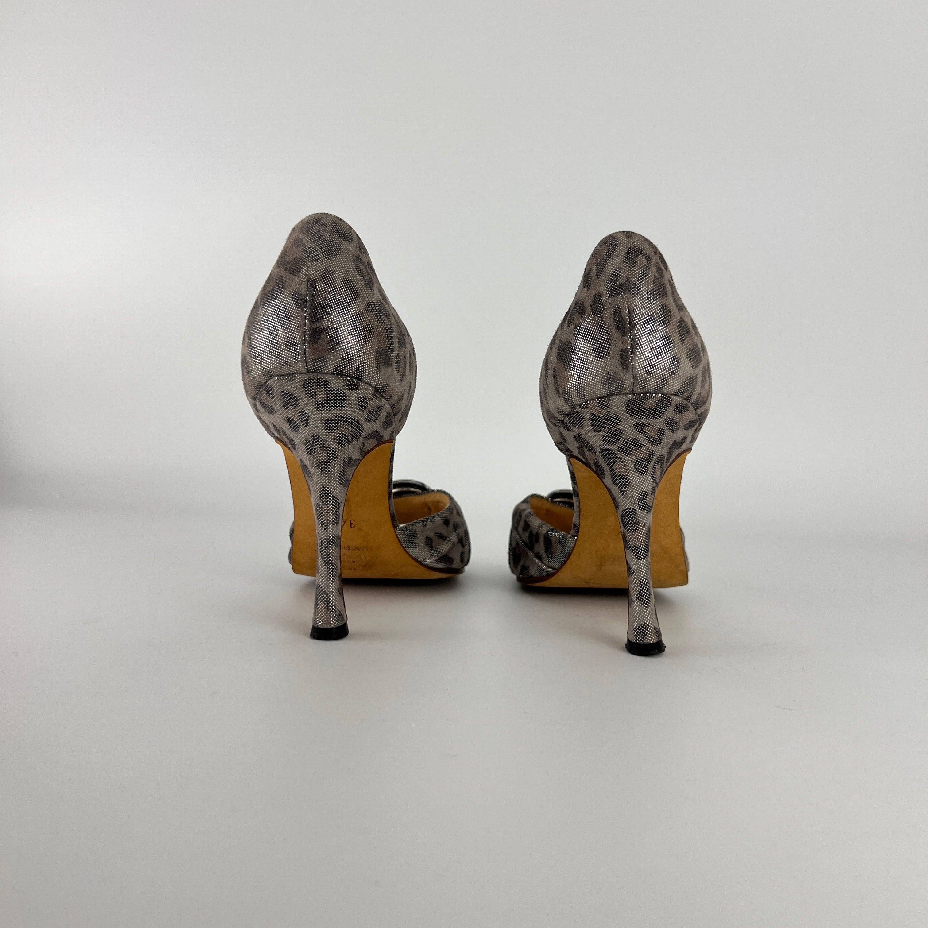 Manolo Blahnik | Vintage Metallic Silver Leopard Print Buckle D'Orsay (34.5)