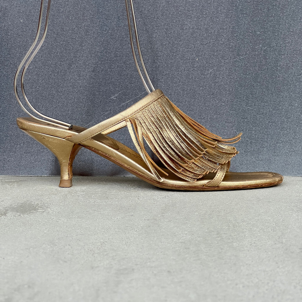 Prada | Vintage 2000s Metallic Gold Leather Fringe Strappy Slide Mules (38.5)