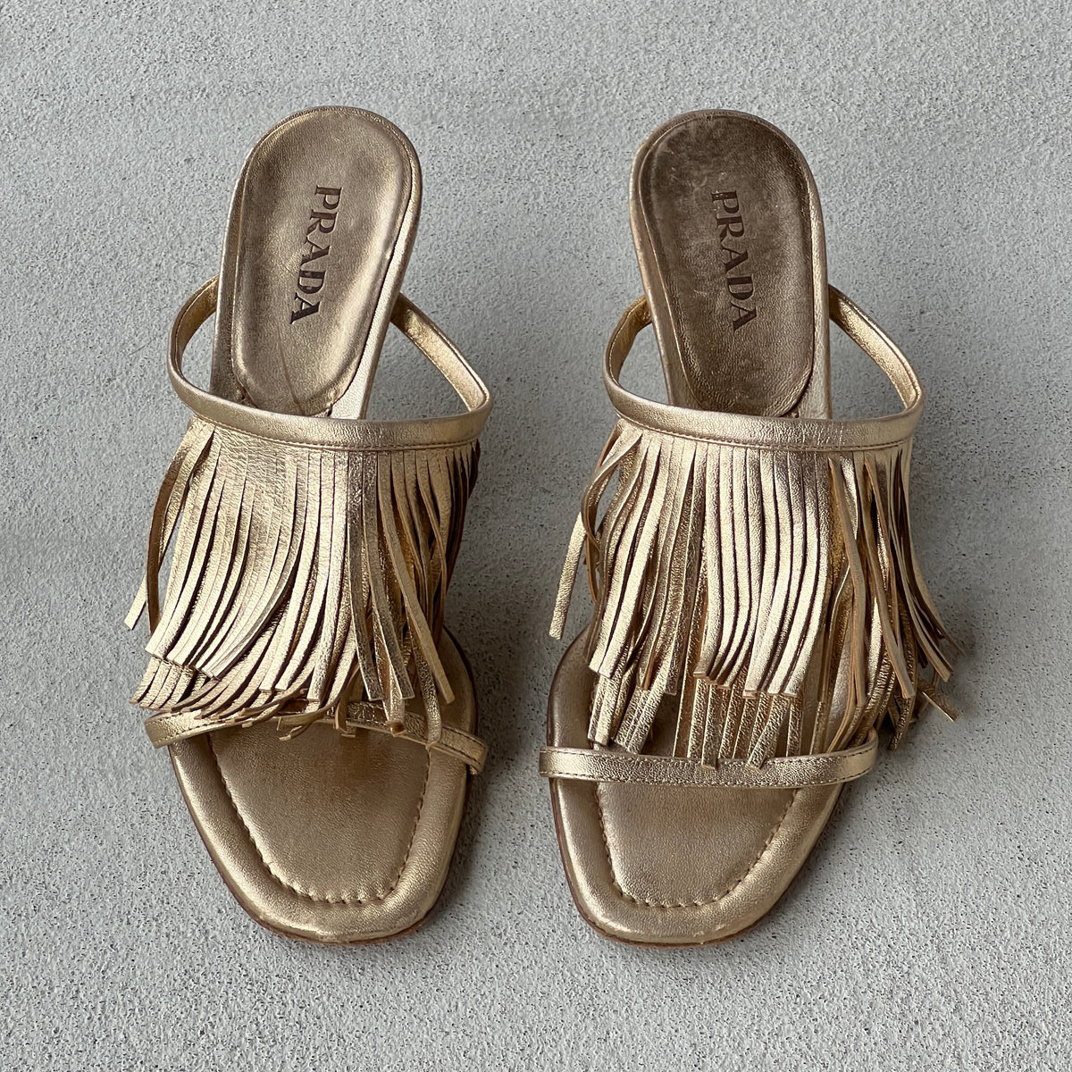 Prada | Vintage 2000s Metallic Gold Leather Fringe Strappy Slide Mules (38.5)