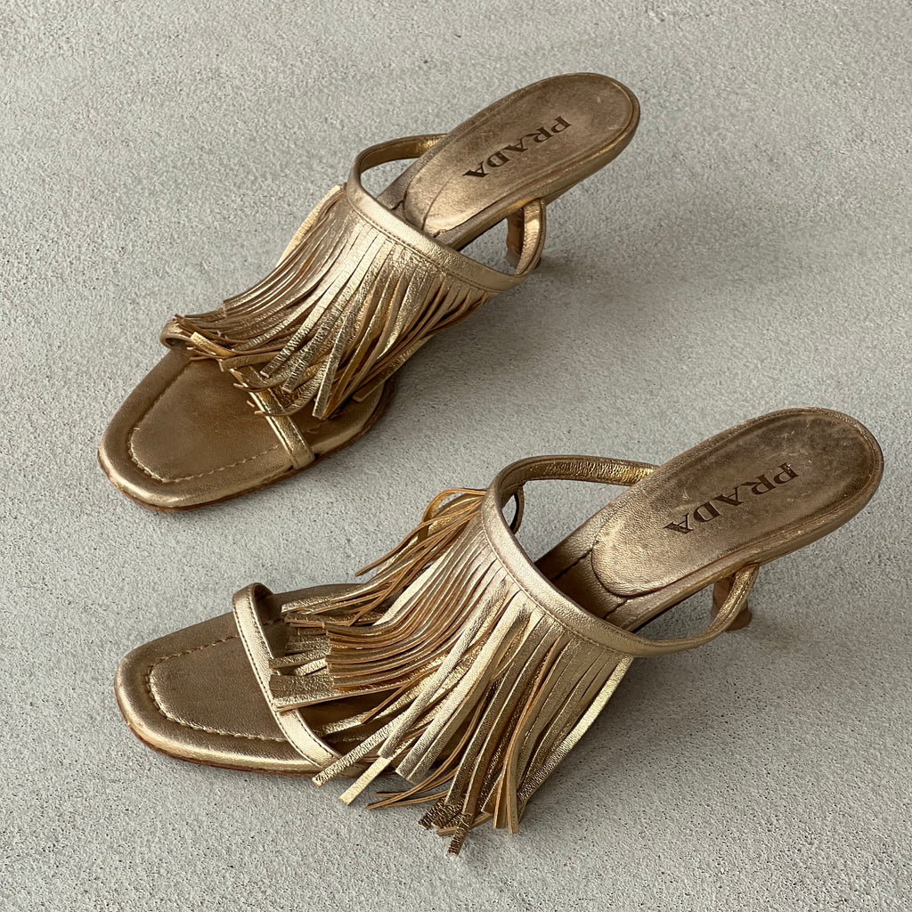 Prada | Vintage 2000s Metallic Gold Leather Fringe Strappy Slide Mules (38.5)