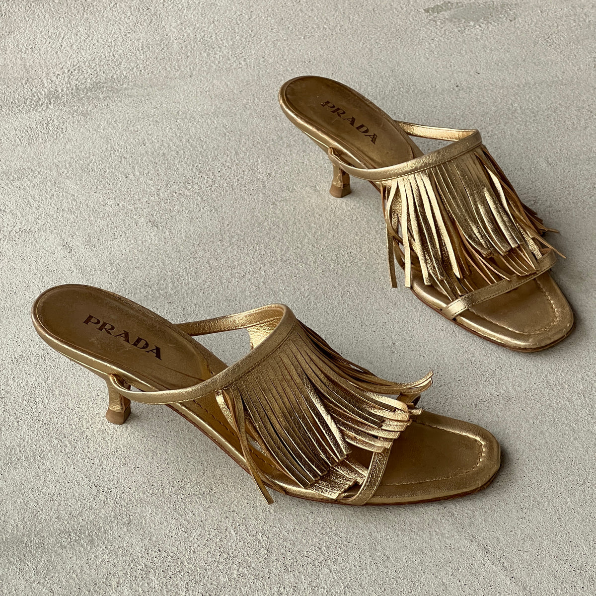 Prada | Vintage 2000s Metallic Gold Leather Fringe Strappy Slide Mules (38.5)