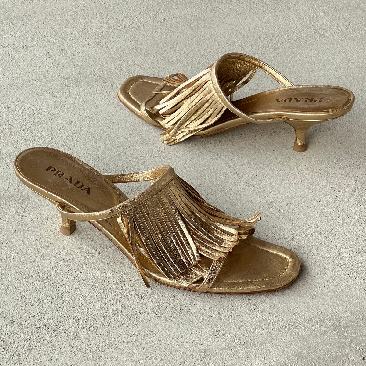 Prada | Vintage 2000s Metallic Gold Leather Fringe Strappy Slide Mules (38.5)