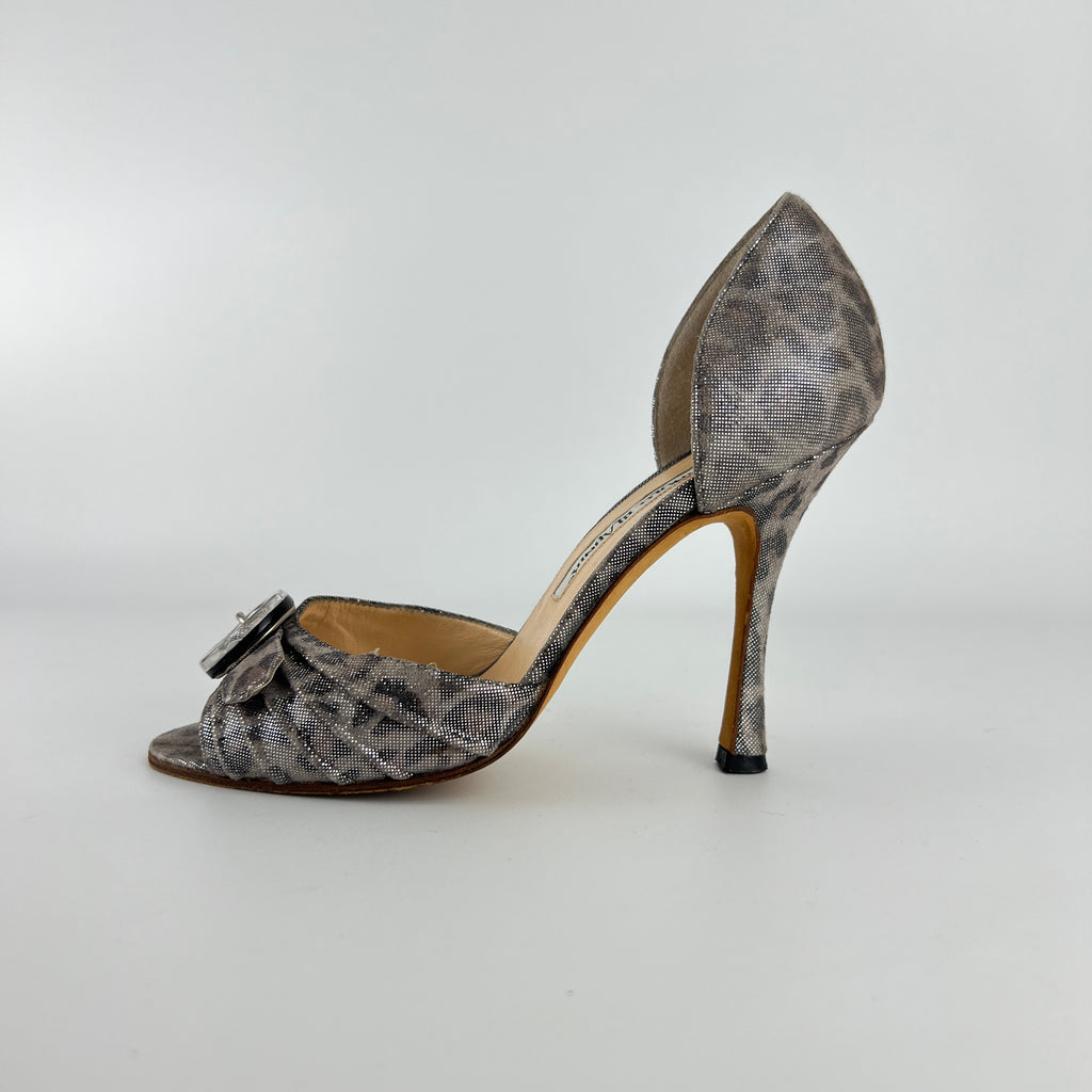 Manolo Blahnik | Vintage Metallic Silver Leopard Print Buckle D'Orsay (34.5)