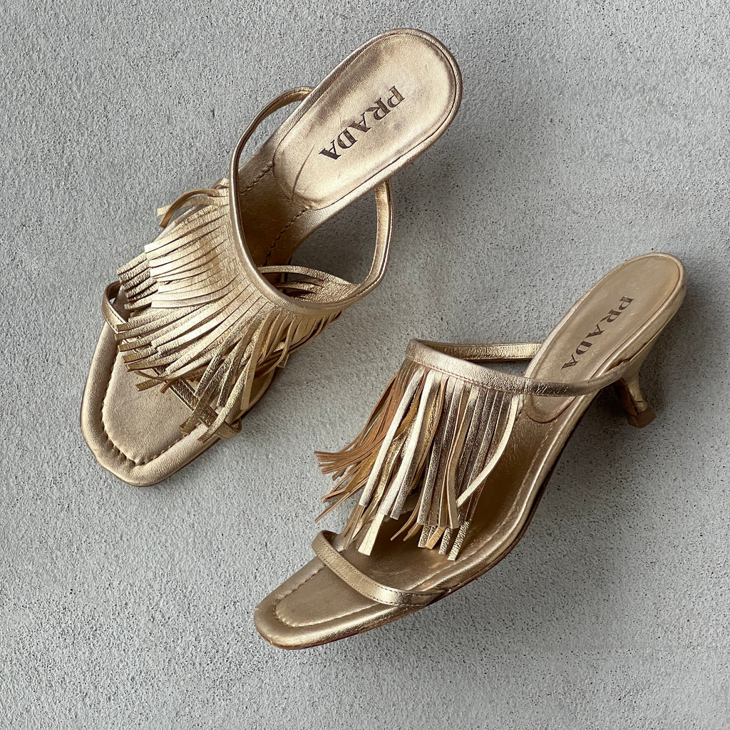 Prada | Vintage 2000s Metallic Gold Leather Fringe Strappy Slide Mules (38.5)
